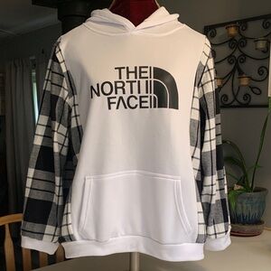 Upcycled “The North Face”White Hoodie with Black Plaid Sleeves.